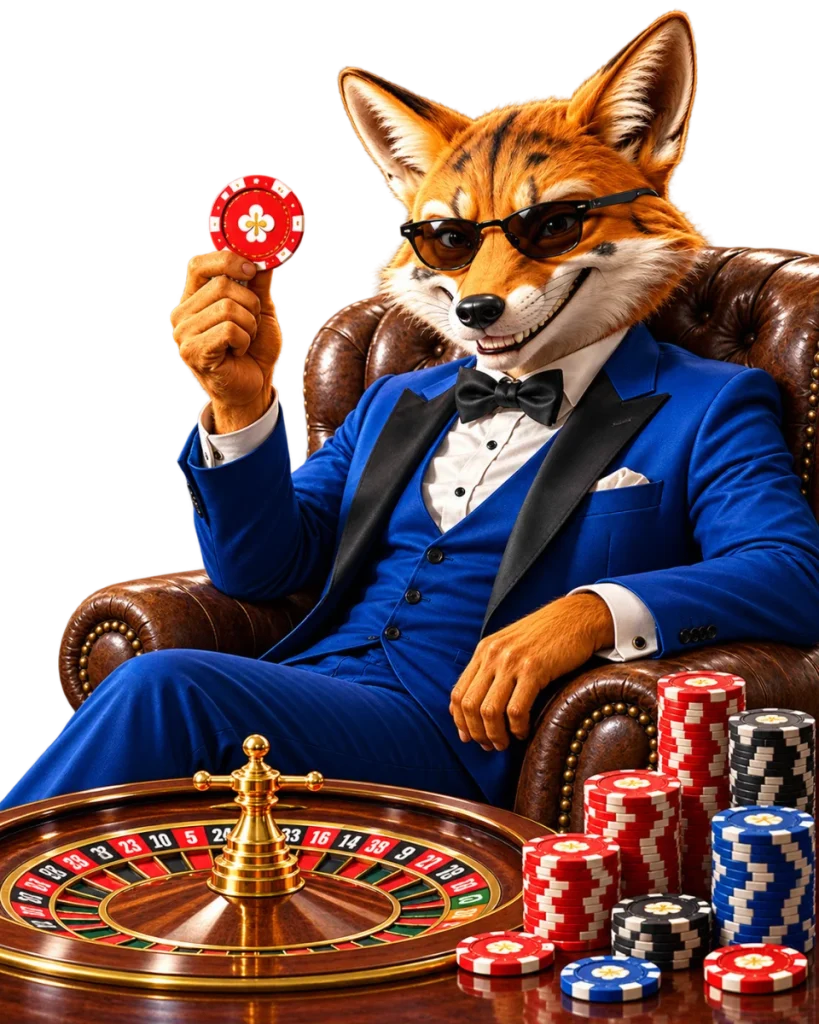 KIXO9 fox character in a blue suit