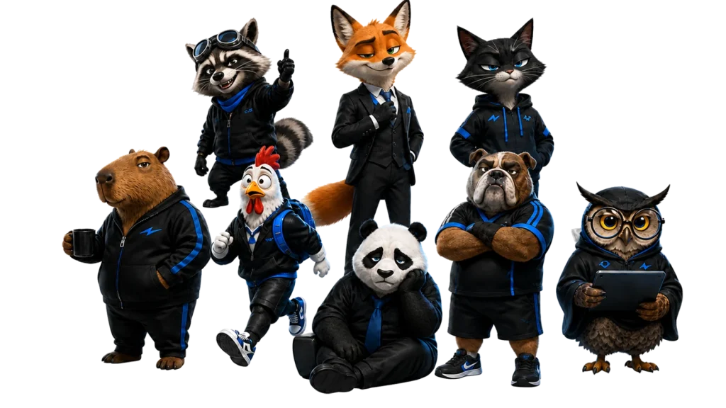 Our KIXO9 animal character family together in matching black and blue outfits